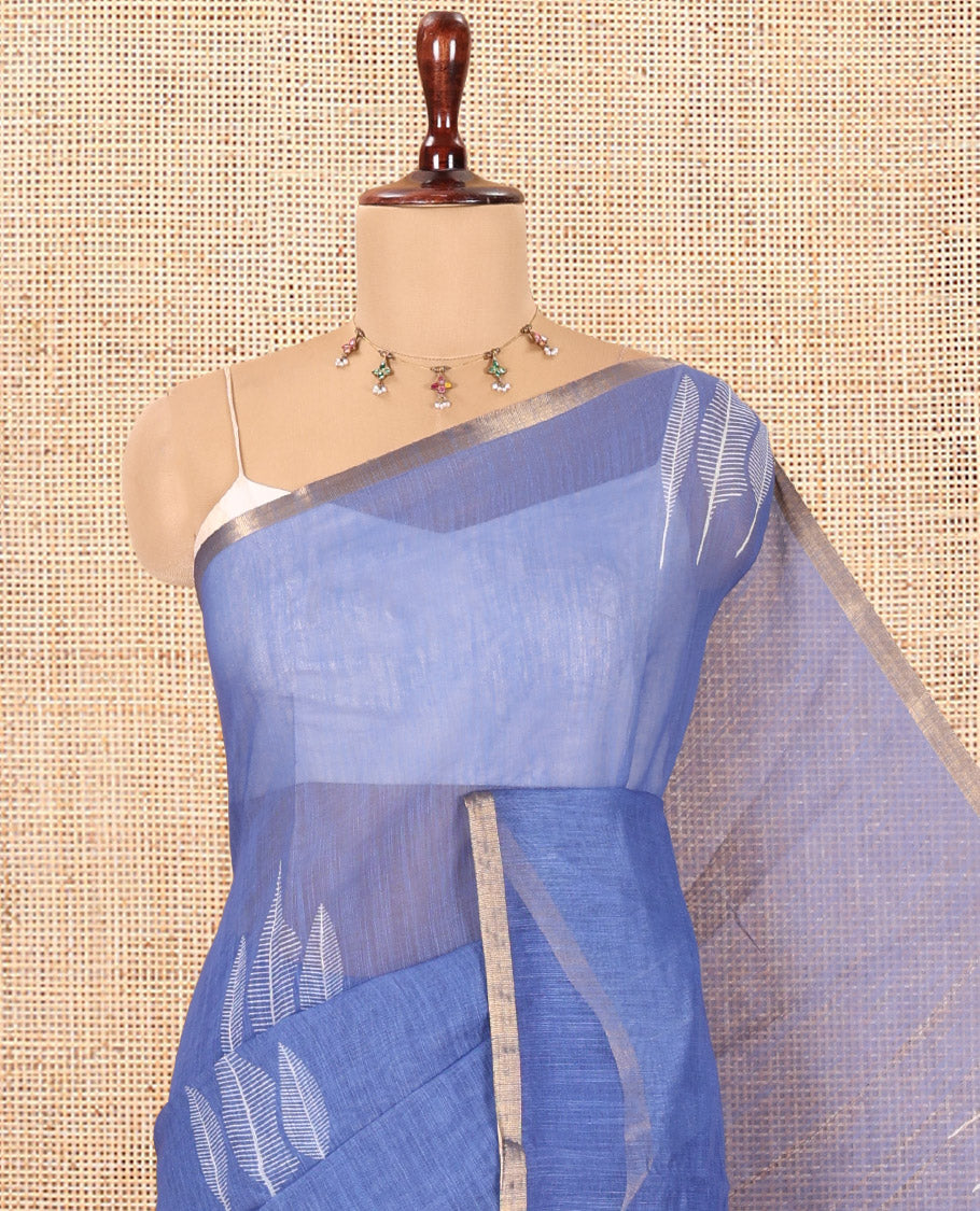 Blue Linen Cotton Saree Features Tree Print, a Zari Piping Border, and a Matching Blouse