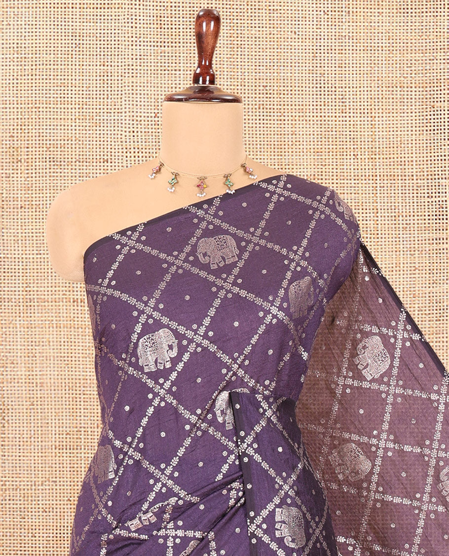Borderless Violet Vichitra Silk Saree Features Elephant Butta Enclosed Jaal Design, a Self-Pallu, and No Blouse