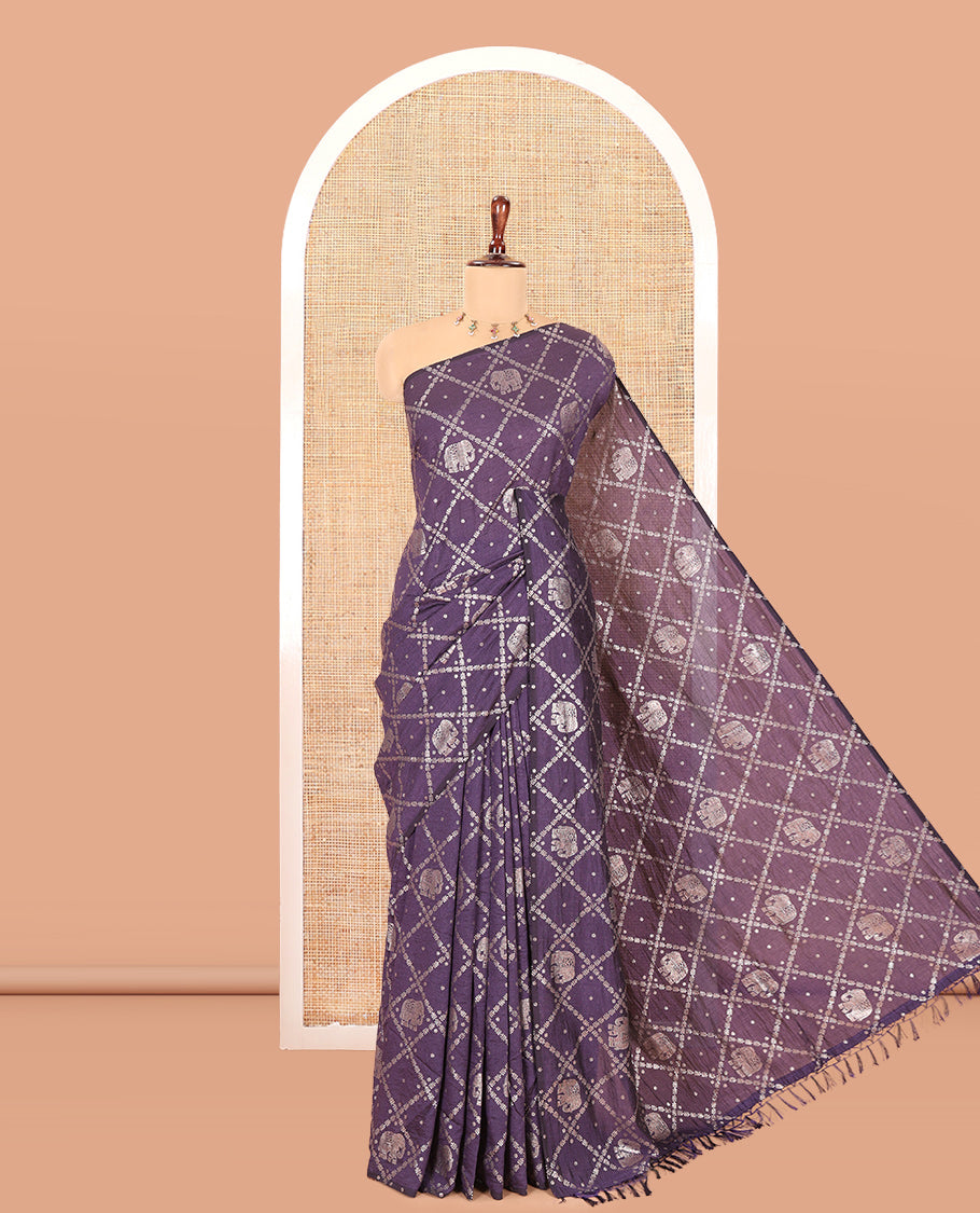 Borderless Violet Vichitra Silk Saree Features Elephant Butta Enclosed Jaal Design, a Self-Pallu, and No Blouse