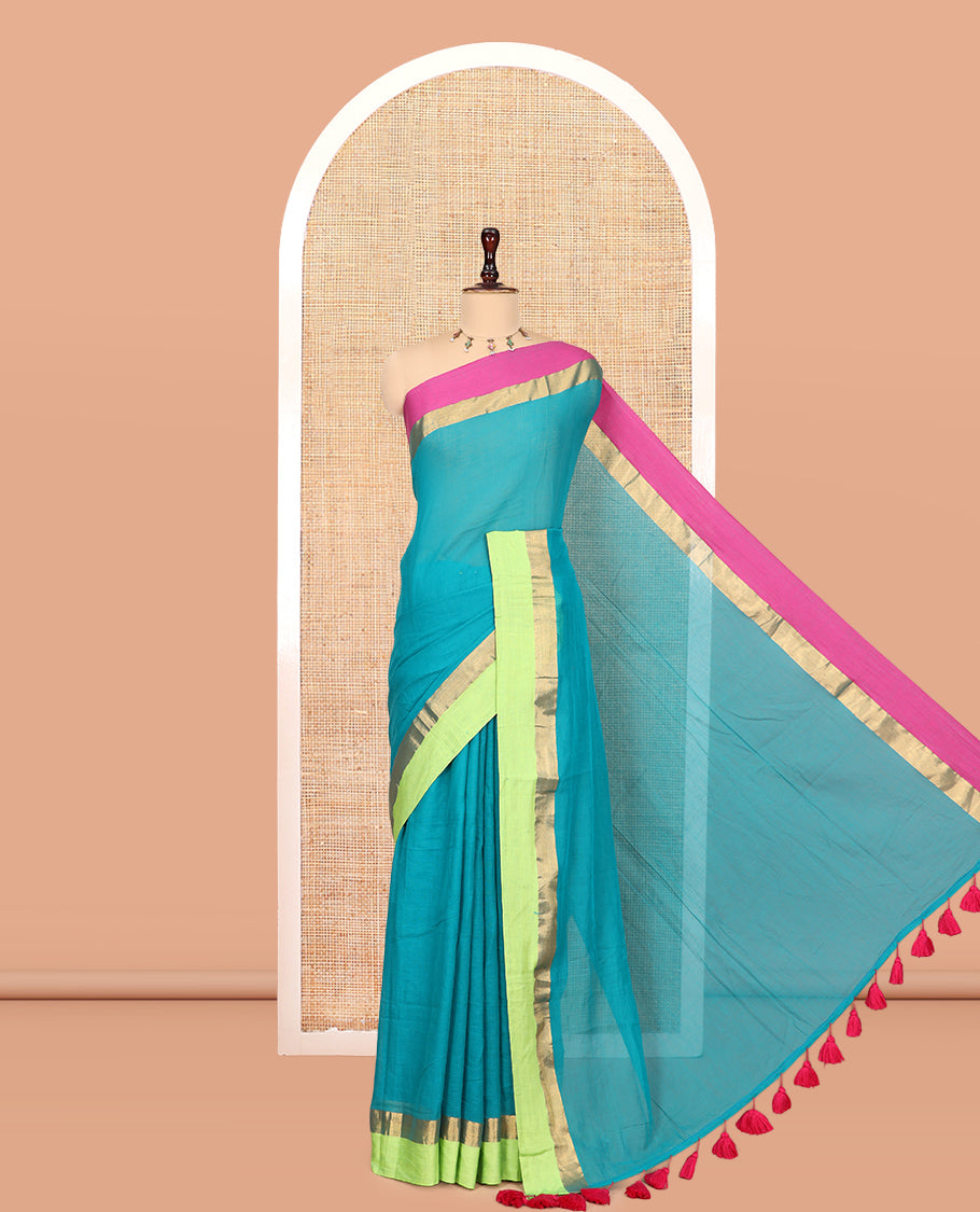 Rama Green Plain Khadi Mul Cotton Saree, a Contrast Ganga-Jamuna Zari Border, a Self-Pallu, and No Blouse