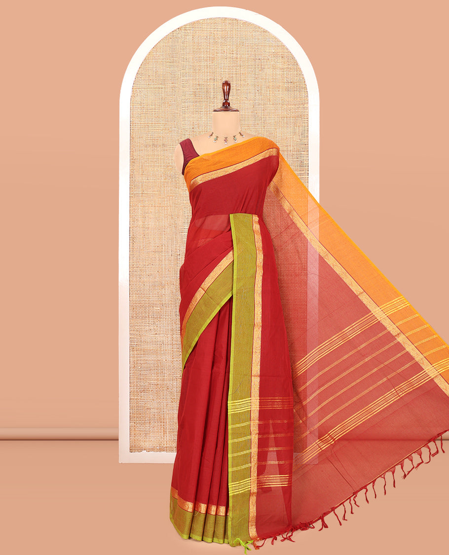 Maroon Plain Chettinad Cotton Saree with a Contrast Ganga-Jamuna Border, Striped Pallu, and a Matching Blouse