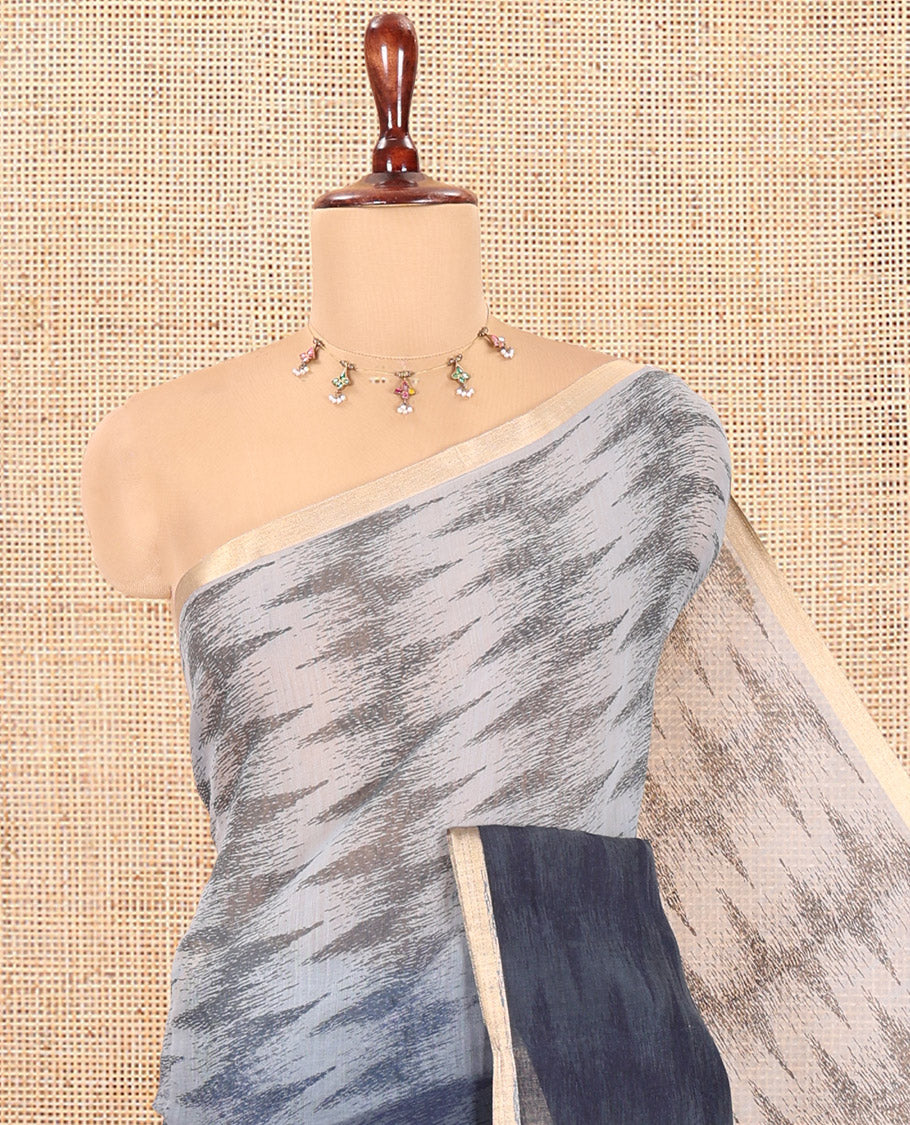 Blue Linen Cotton Saree, Adorned with Ikat Zig-Zag Stripes, a Piping Border, Printed Pallu, and Matching Blouse