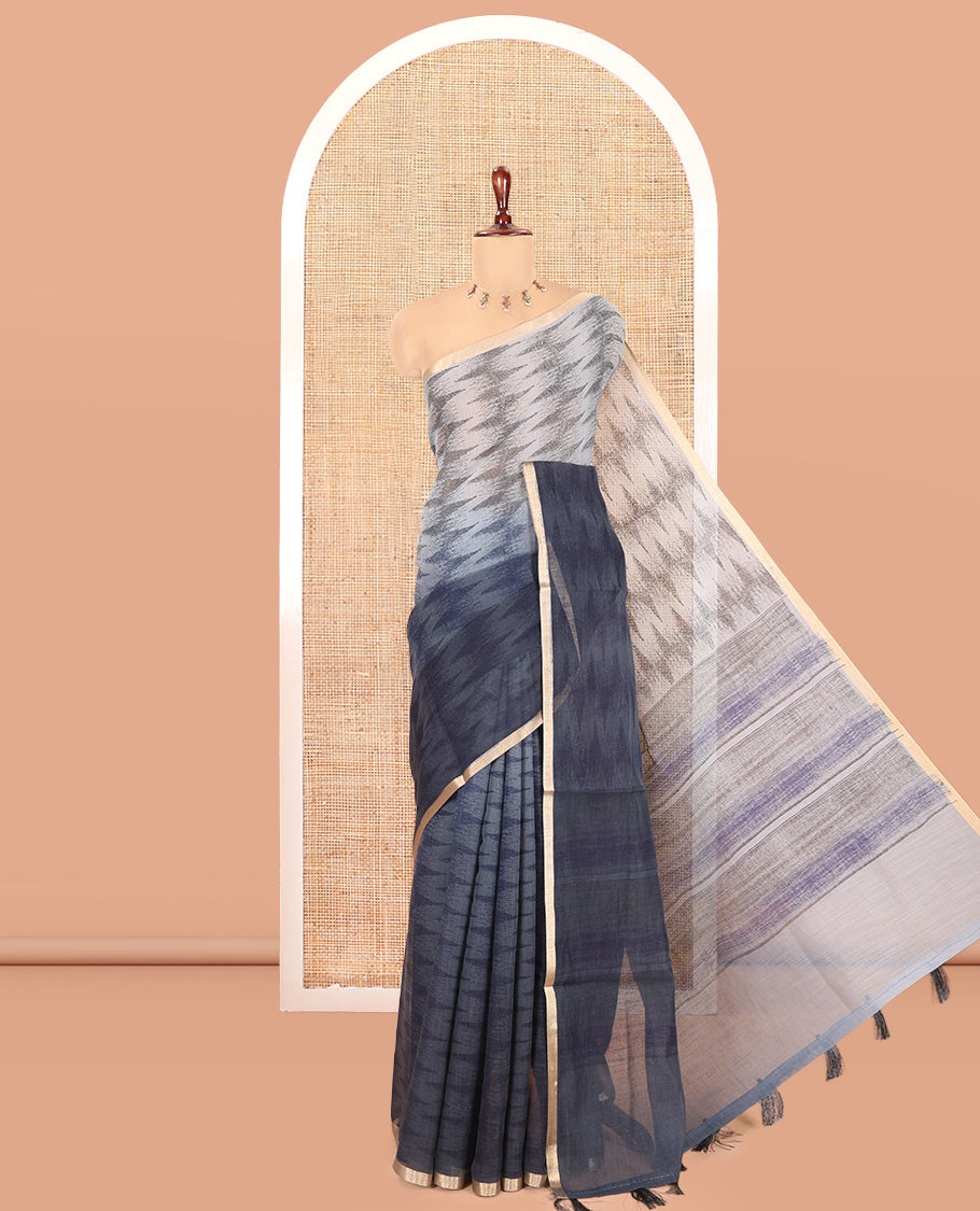 Blue Linen Cotton Saree, Adorned with Ikat Zig-Zag Stripes, a Piping Border, Printed Pallu, and Matching Blouse