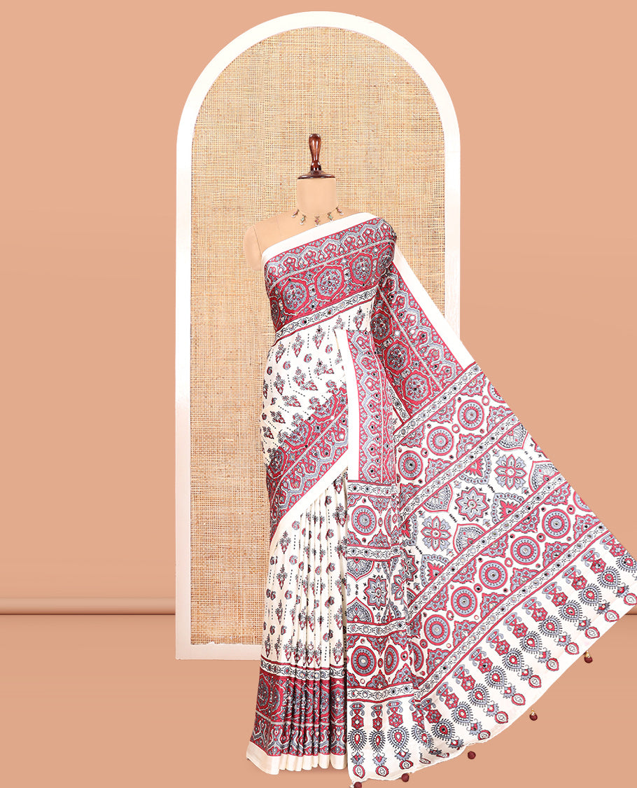 Cream Satin Crepe Saree, Beautified with Ajrakh Print, and Mirror Work, Printed Border, and a Matching Blouse