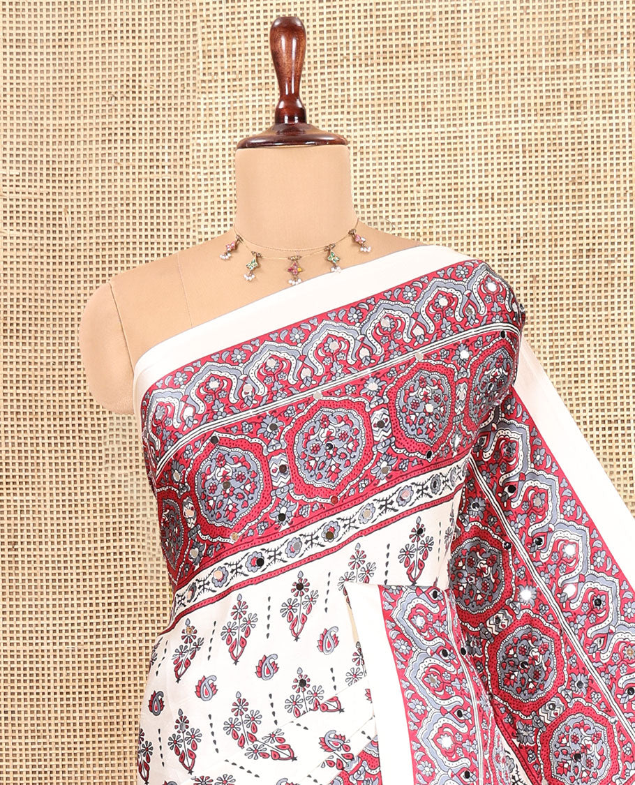 Cream Satin Crepe Saree, Beautified with Ajrakh Print, and Mirror Work, Printed Border, and a Matching Blouse