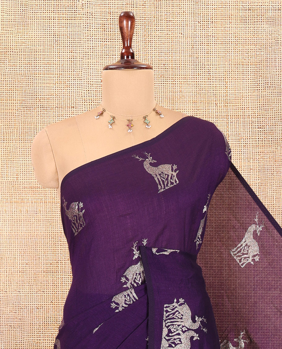 Borderless Violet Vichitra Silk Saree, Adorned with Deer Motifs, a Self-Pallu, and No Blouse