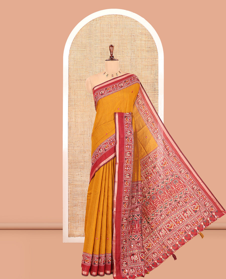 Mustard Manipuri Tussar Saree, Delicately Woven with Mirror Work, a Contrast Patola Animal Motif Border, Patola Pallu, a Contrast Blouse