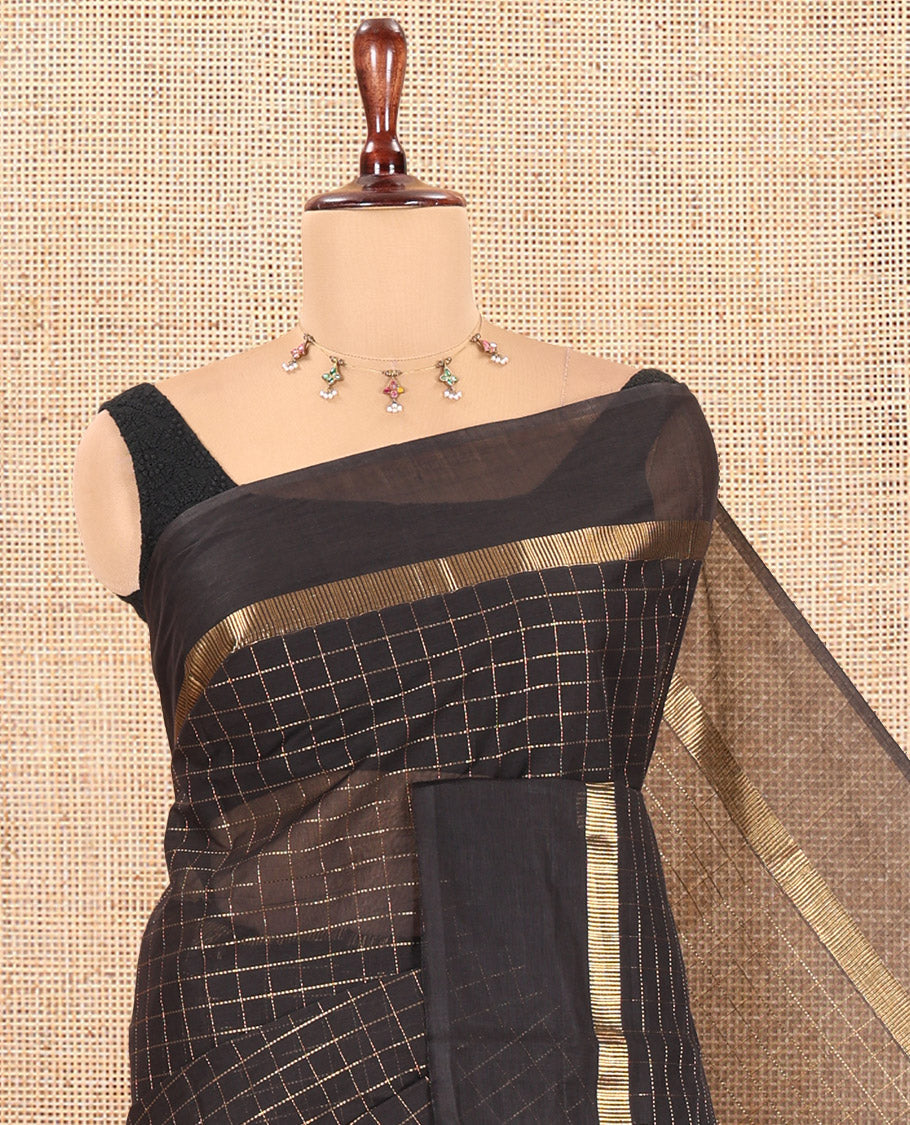 Black Chettinad Cotton Saree, Detailed with Checks, a Kaal Eragina Border, Striped Pallu, a Matching Blouse