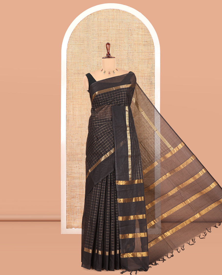 Black Chettinad Cotton Saree, Detailed with Checks, a Kaal Eragina Border, Striped Pallu, a Matching Blouse