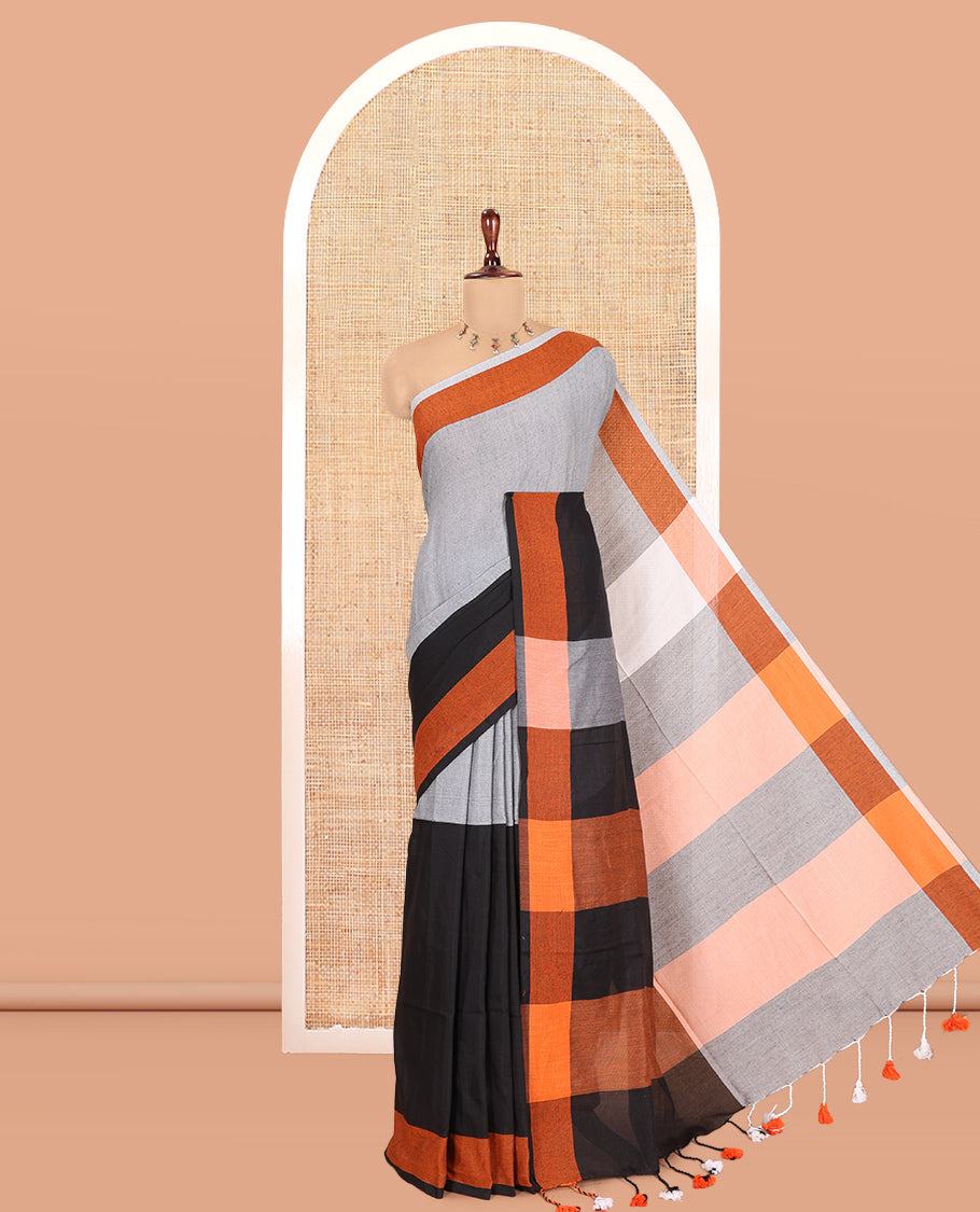 Grey-Black Half-And-Half Plain Khadi Cotton Saree, a Bavanji Border, Contrast Striped Pallu, No Blouse