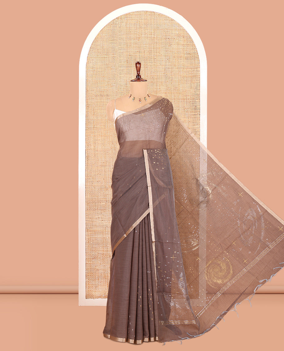 Brown Chanderi Cotton Saree With Zari Border