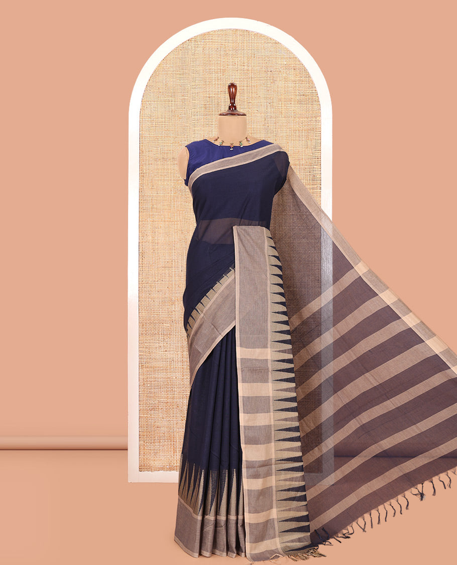 Navy Blue Plain Cotton Saree