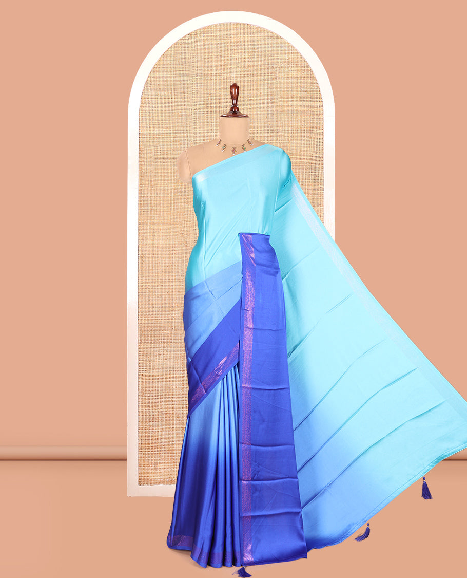 Sea Green-Royal Blue Plain Ombre-Style Satin Crepe Saree