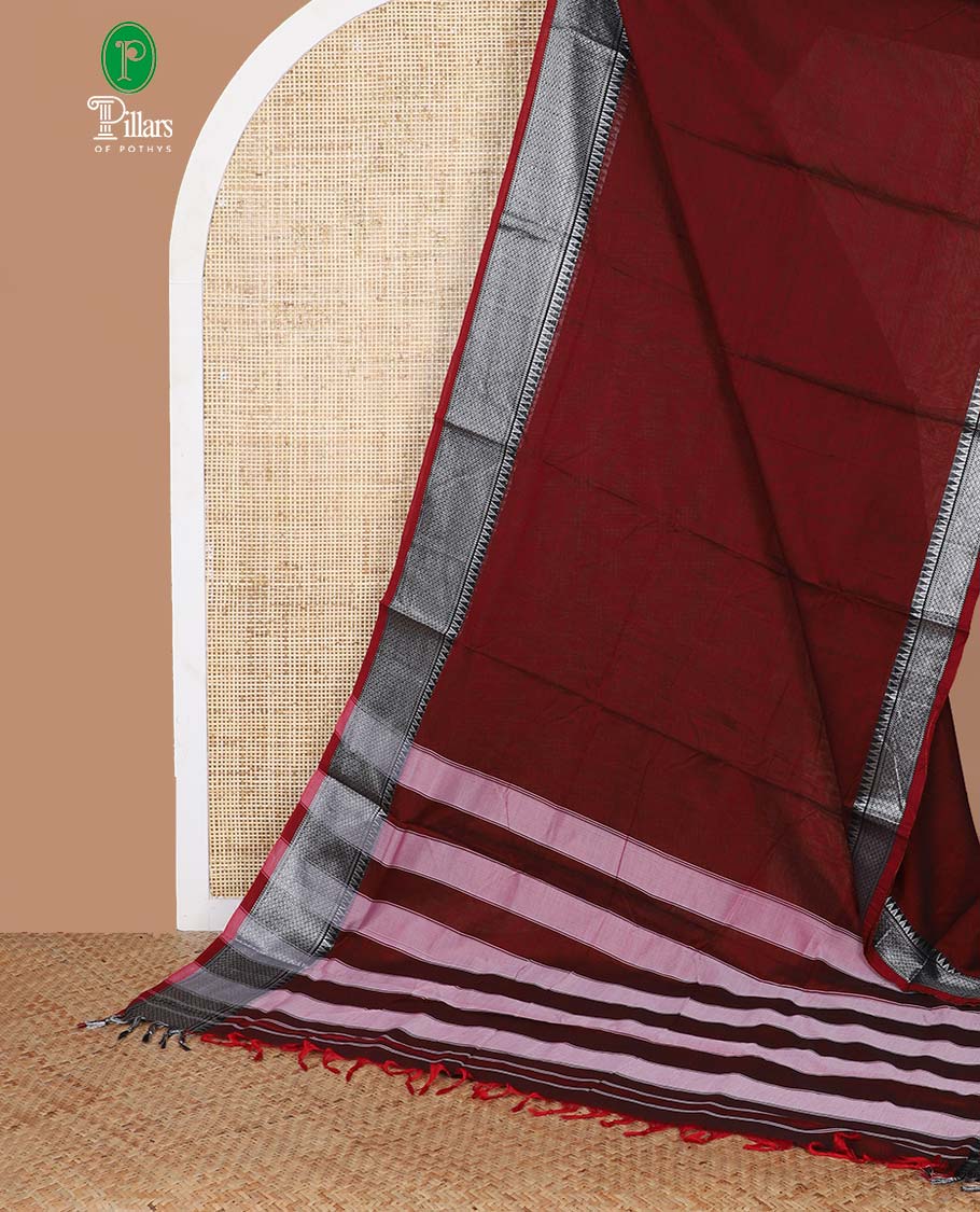 Maroon narayanapet cotton saree with zari thread temple cheer border & striped pallu along with running blouse