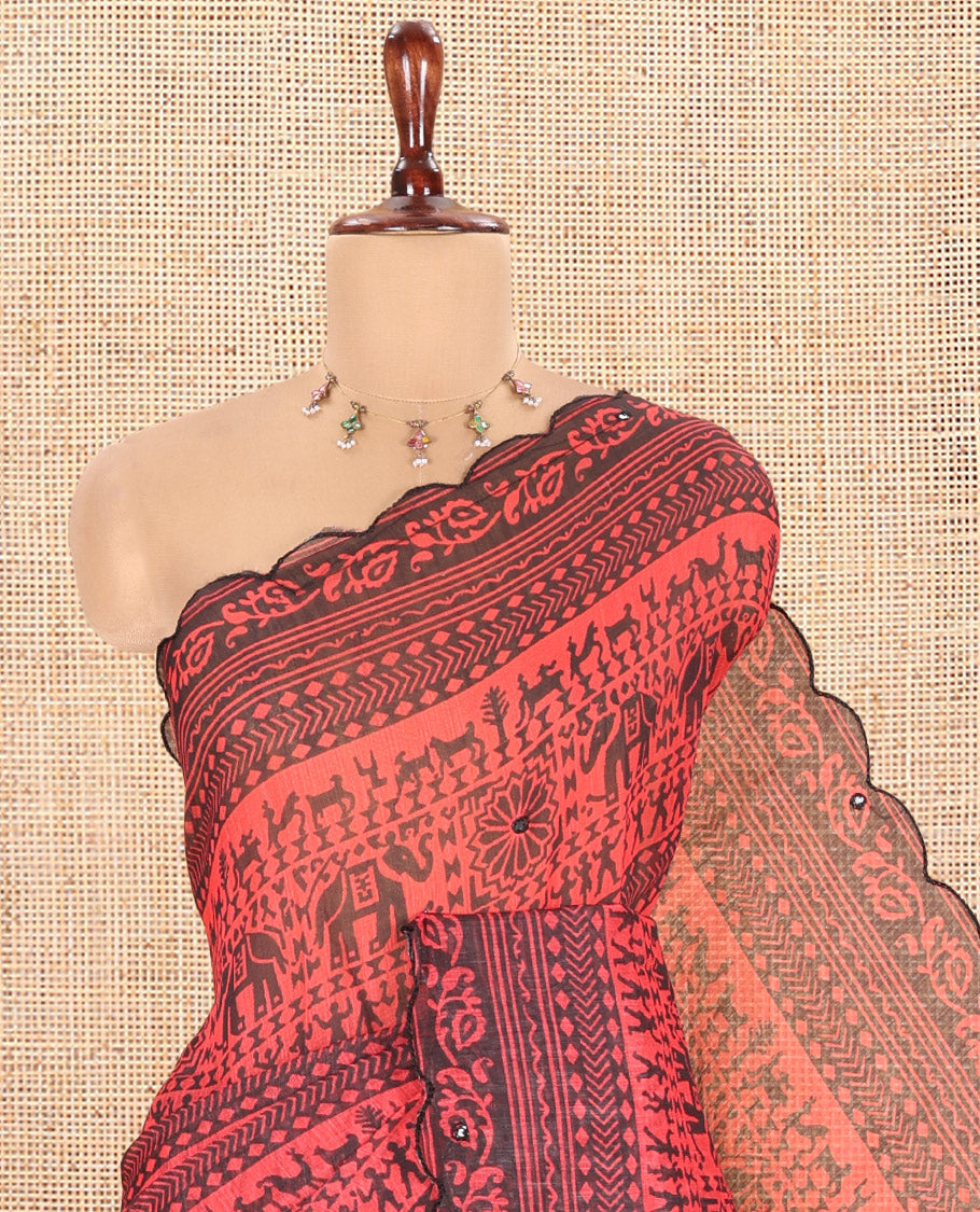 Red Linen Cotton Saree