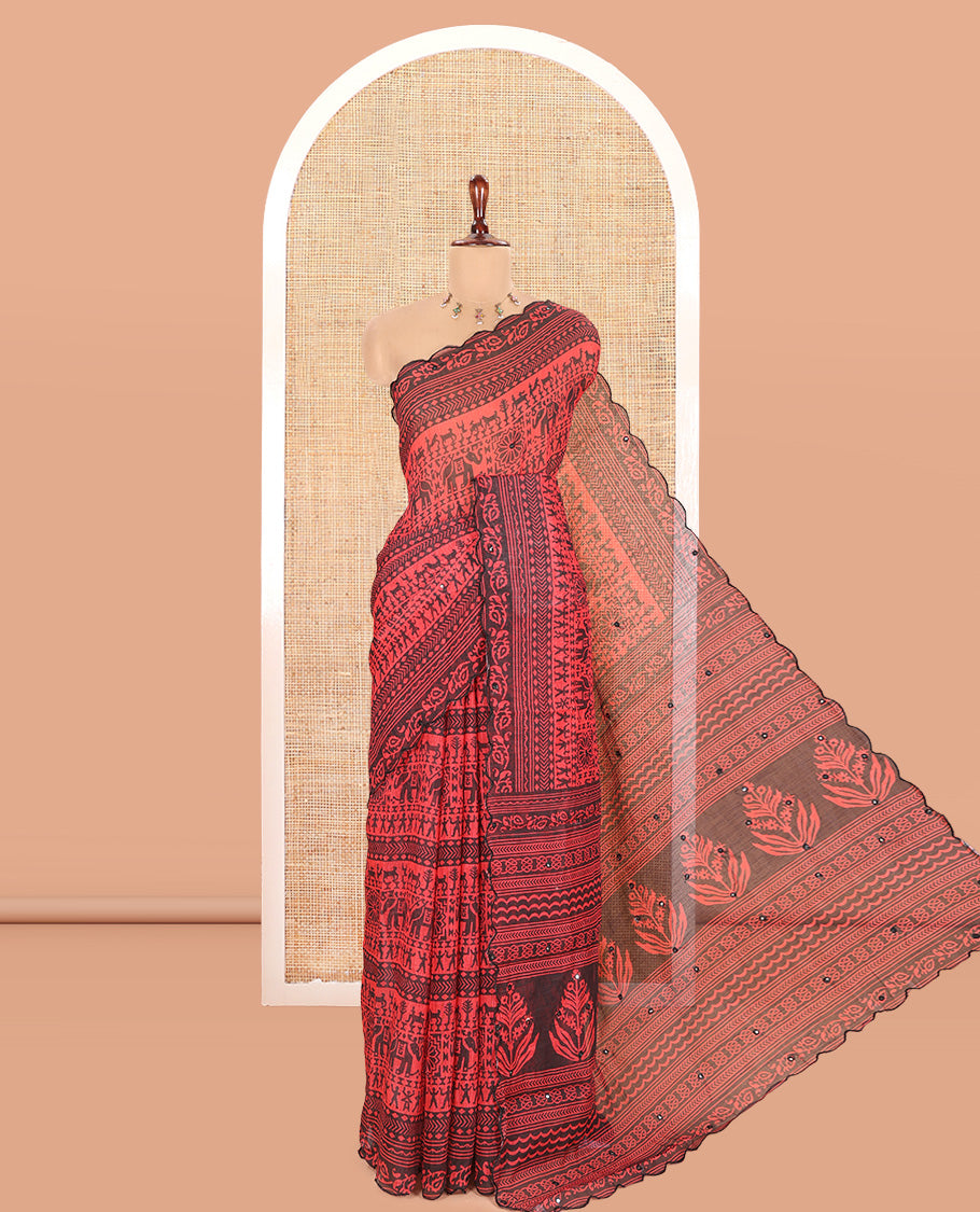 Red Linen Cotton Saree