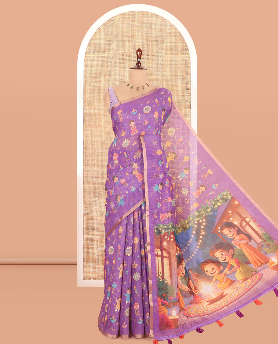 Violet Diwali-Style Printed Linen Cotton Saree