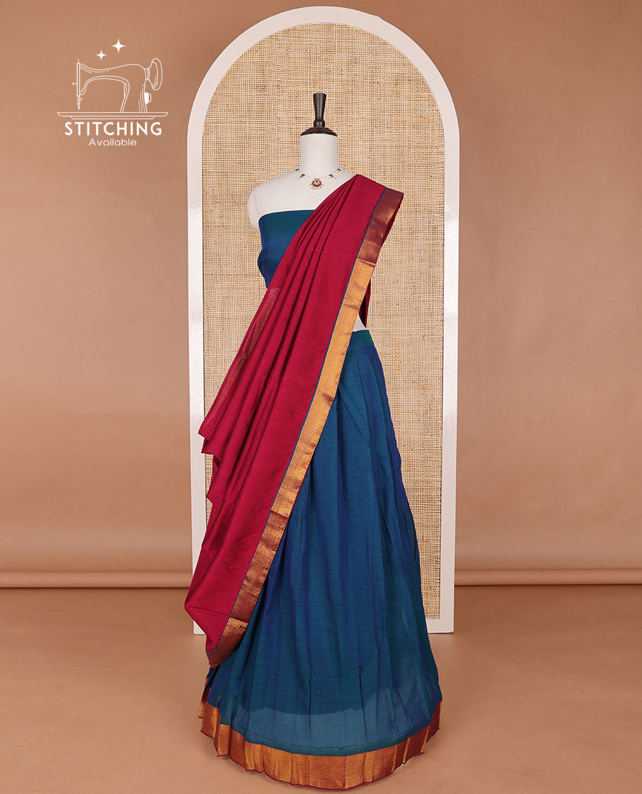 Blue mercerised cotton daman zari border half saree with cotton blouse & georgette one side zari border