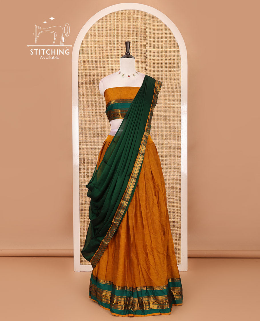 Mustard-green Mercerised cotton half-saree, plain & contrast rettai pettu traditional border skirt, matching blouse & zari border syska georgette dhavani