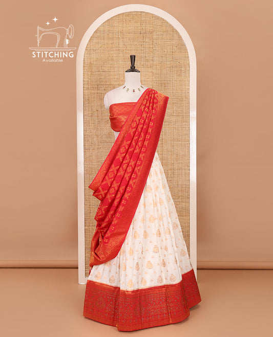 Cream georgette crepe halfsaree,zari buttas & traditional Swarovski stonework red border skirt, jacquard blouse & banarasi jacquard dhavani