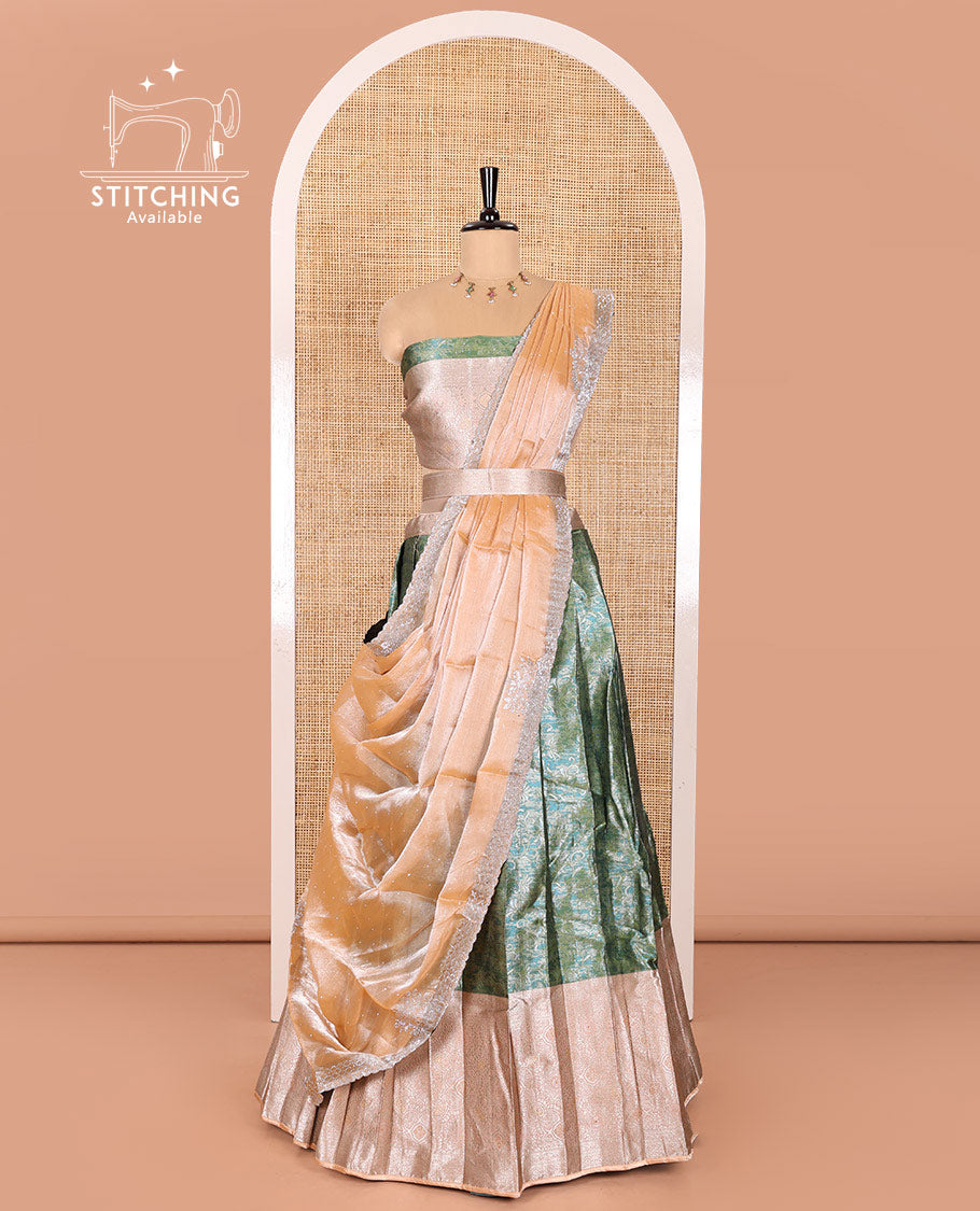 Green Banarasi Half-Saree Featuring Jacquard Design Skirt, Complemented by Contrast-Rich Zari-Woven Intricate Border, Paired with a Matching Blouse, Contrast Velvet Organza Stone Work Dhavani, and Brocade Belt