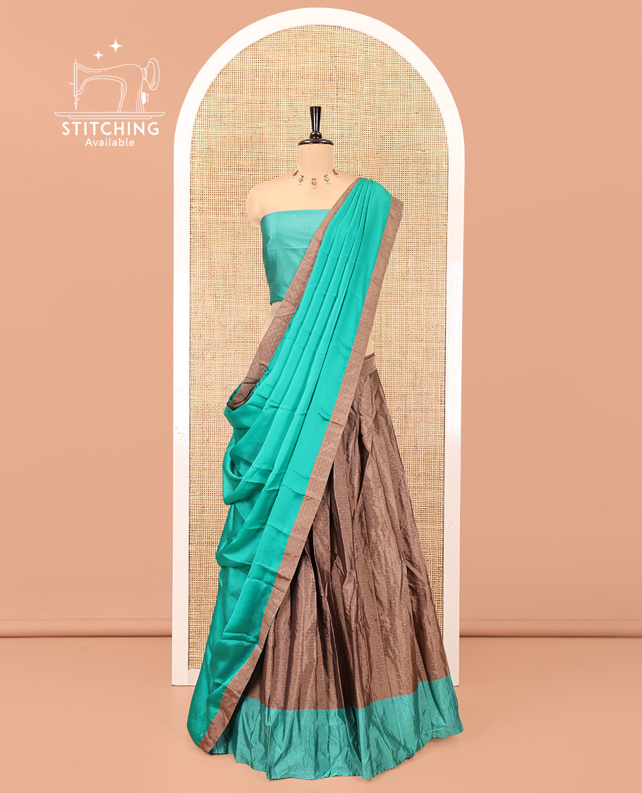Chocolate Brown and Green Checked Taffeta Silk Half-Saree, Complemented by Contrast Sparsely Striped Border, Paired with a Contrast Blouse, and Comes with Subtle-Bordered Satin Georgette Dhavani