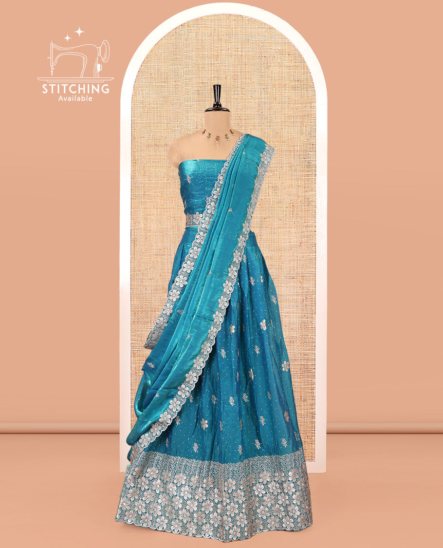Firozi Blue Fendi Organza Half-Saree Set, Features Floral Embroidered Skirt, Matching Blouse, Embroidered Dupatta