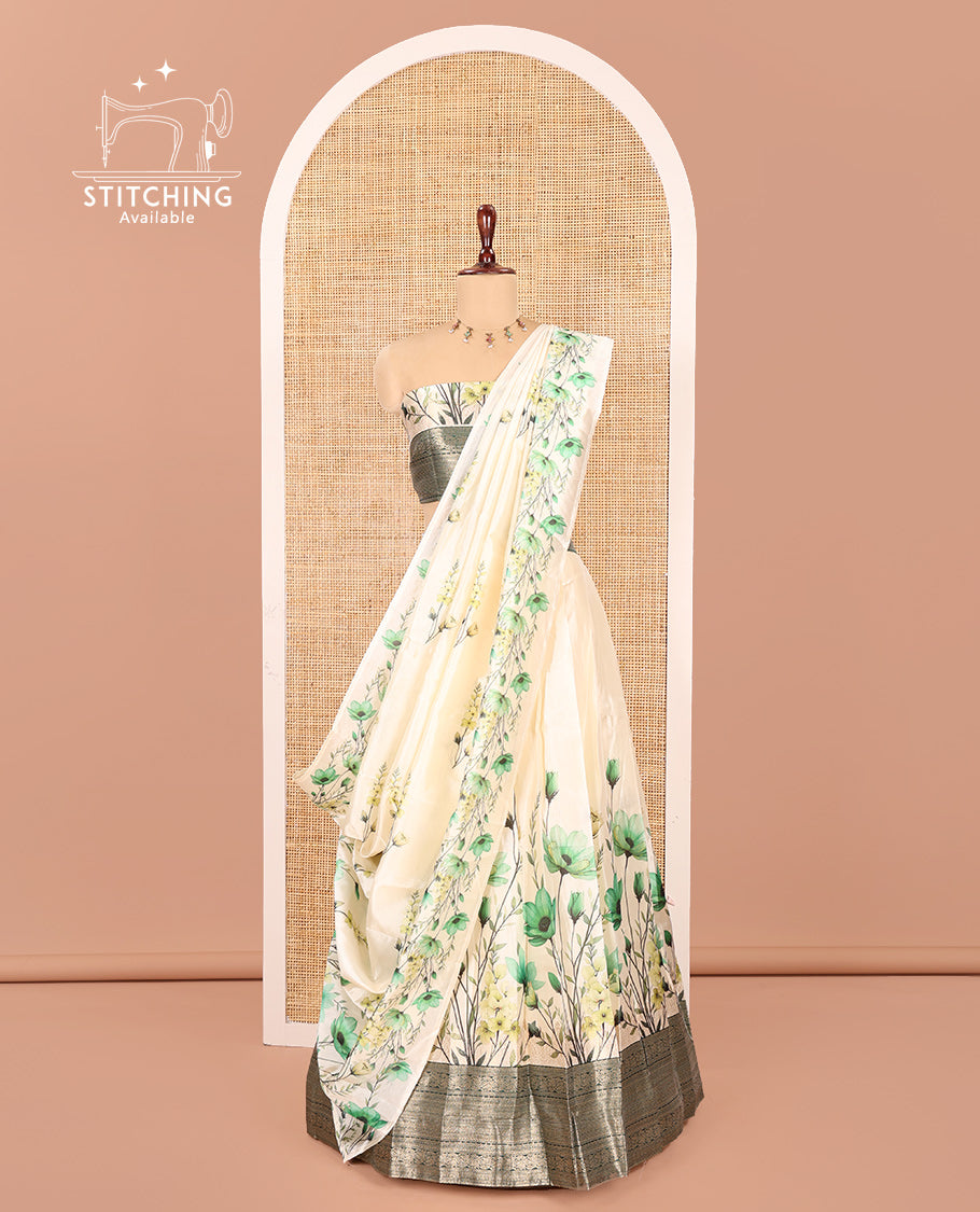 Cream-Green Semi-Silk Half-Saree Features Floral Printed Skirt, Contrast Border, Matching Blouse, Floral Printed Dhavani