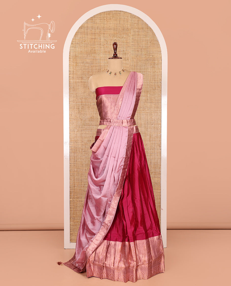 Rani Pink Semi-Banaras Half-Saree, Plain Contrast Intricate-Bordered Skirt, Matching Blouse, Contrast Dhavani