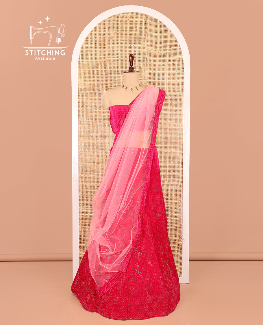 Pink Velvet Half-Saree Features Swarovski Stonework Skirt, Matching Stonework Blouse, Contrast Net Dhavani