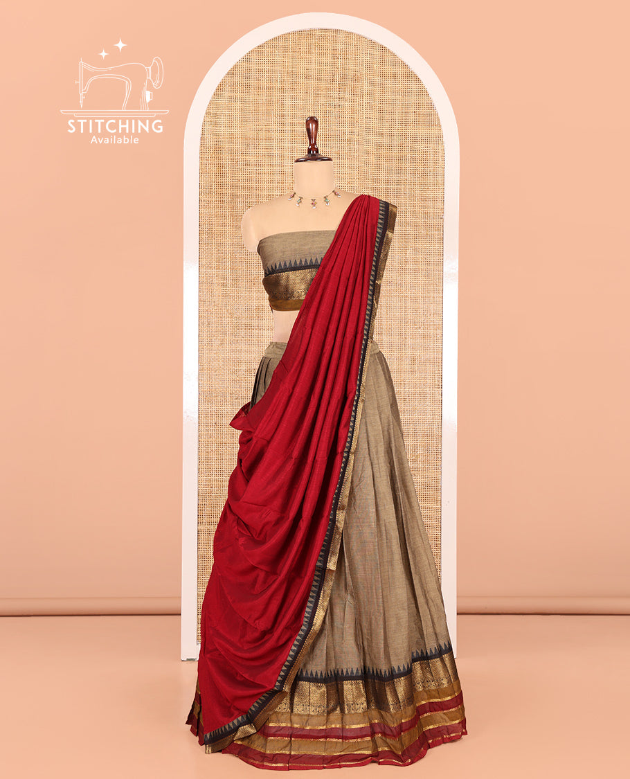 Dark Chikku-Maroon Chettinad Cotton Half-Saree, Contrast Traditional Temple Zari Bordered Skirt, Matching Blouse, and a Contrast Dhavani