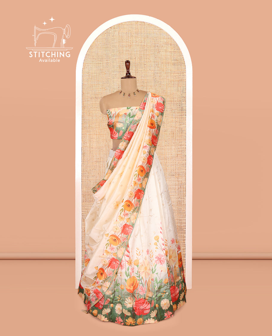 Cream-Green Semi-Silk Half-Saree Features a Floral-Printed Skirt, a Matching Blouse, and a Floral-Printed Dhavani