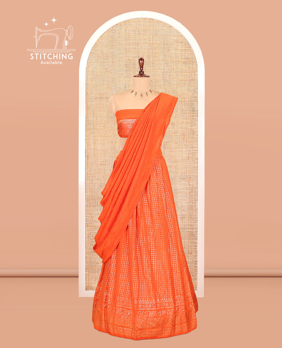 Orange Vichitra Silk Half Saree with Zari Checks, a Traditional Zari Border, Matching Blouse and a Dhavani