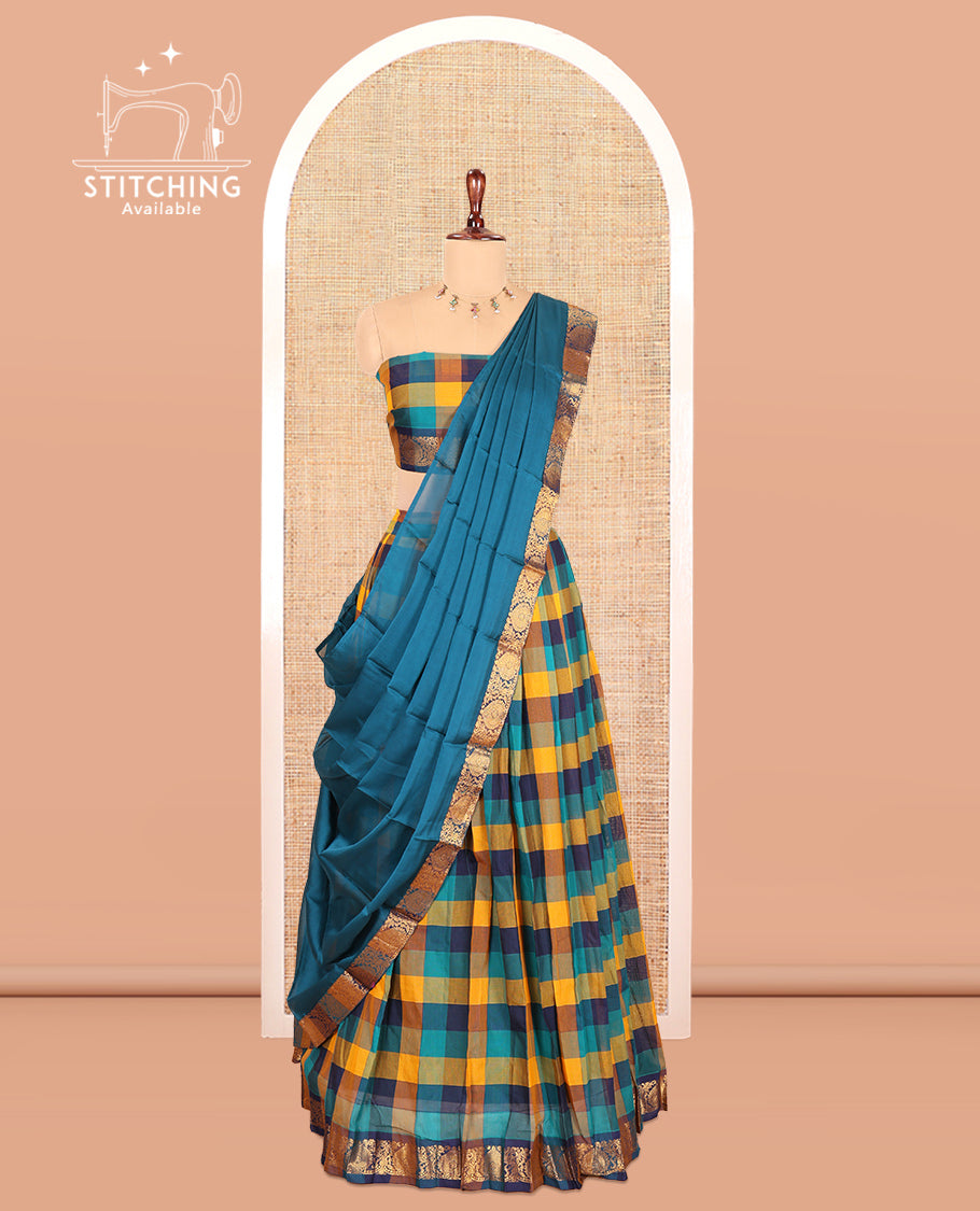 Multi-Color Checked Chettinad Cotton Half-Saree Features a Zari Border, Matching Blouse, Contrast Dhavani