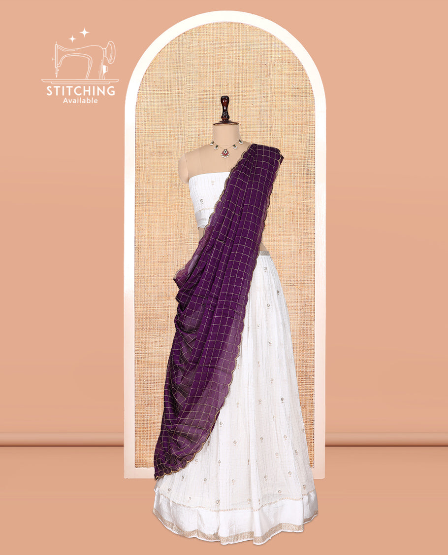 Cream-Dark Purple Viscose Georgette Half-Saree, Buttas Skirt, Matching Blouse, Contrast Checked Dhavani