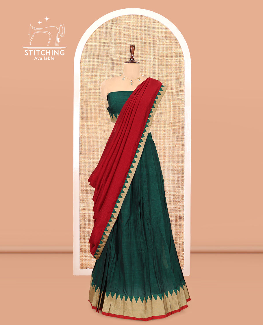 Green Mercerised Cotton Half-Saree, Plain Skirt, a Temple Border, a Matching Blouse, Contrast Dhavani