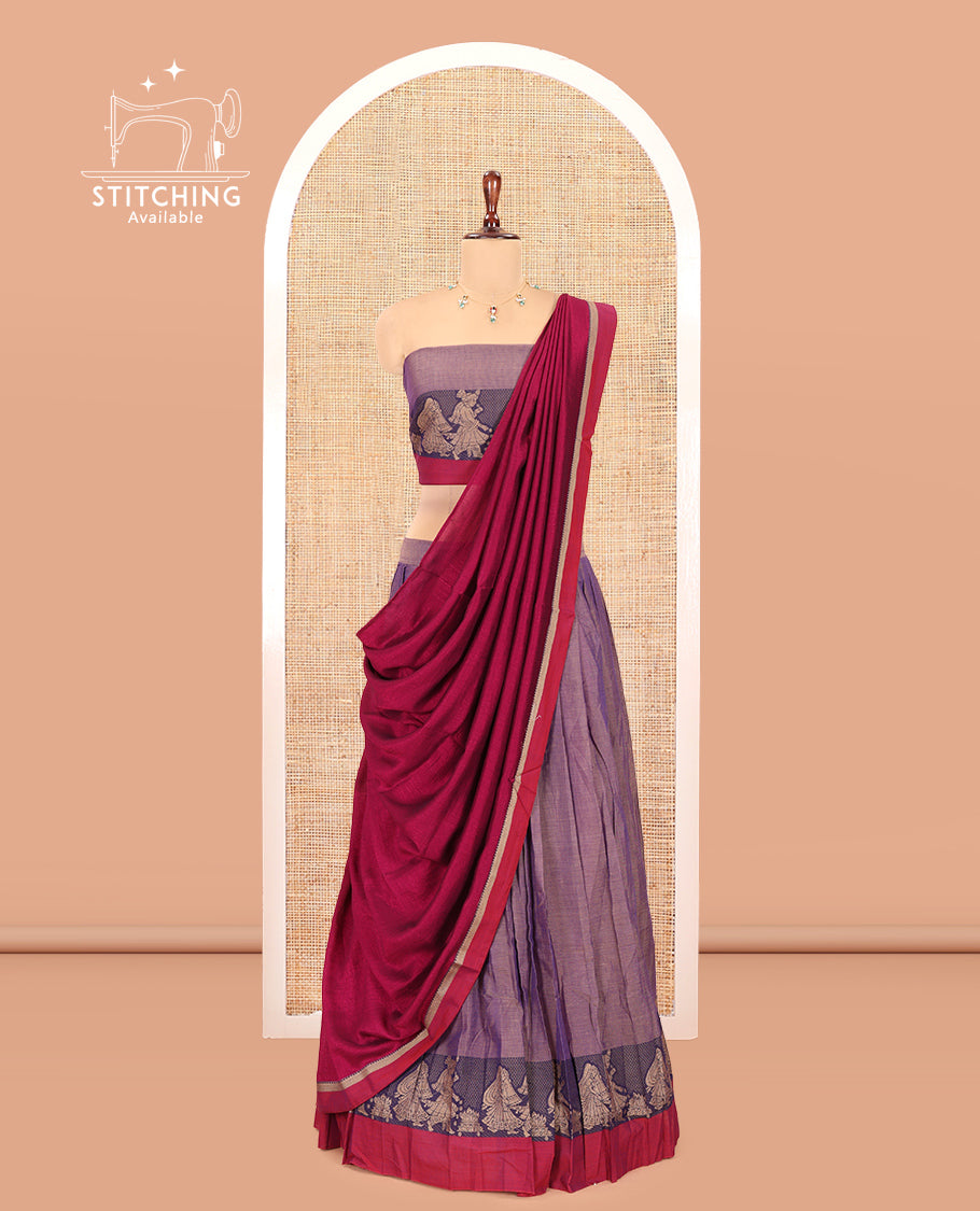 Dusky Lavender Mercerised Cotton Half-Saree Features a Plain Skirt, a Contrast Wedding-Themed Border, a Matching Blouse, a Contrast Dhavani