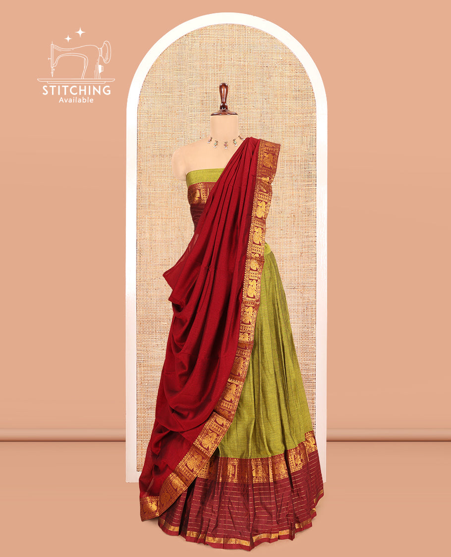 Mehendi-Maroon Mercerised Cotton Half-Saree, Contrast Annam Bordered Skirt,Matching Blouse,Contrast Dhavani