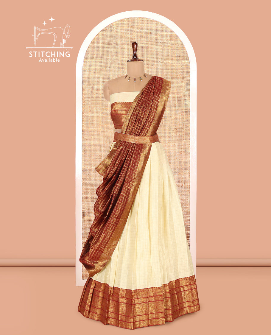 Cream-Maroon Semi-Silk Half-Saree
