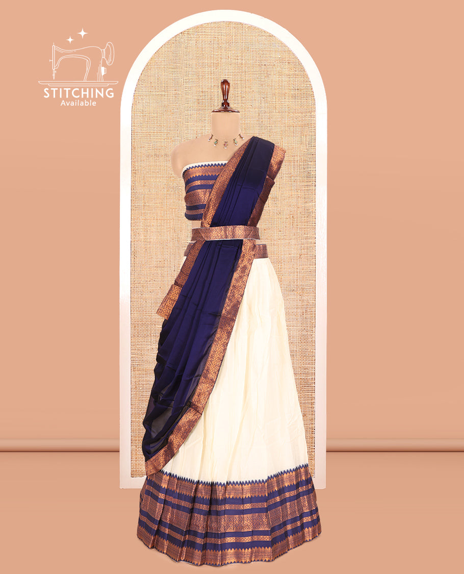 Cream-Navy Blue Semi-Silk Half-Saree