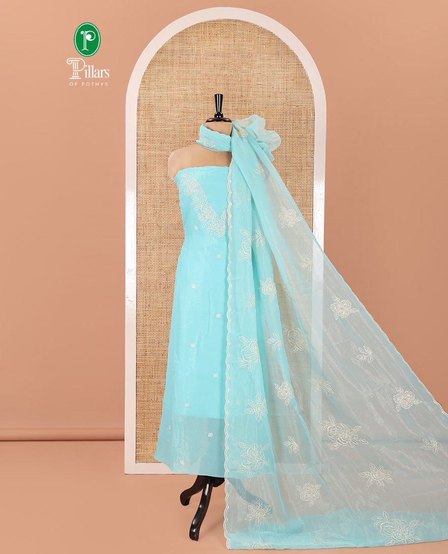 Blue Shimmer Georgette Material Chudidar Set, Meticulously Crafted with Floral Thread Embroidery on Its Top, a Plain Santoon Bottom, and Comes with a Floral Embroidered Shimmer Georgette Dupatta