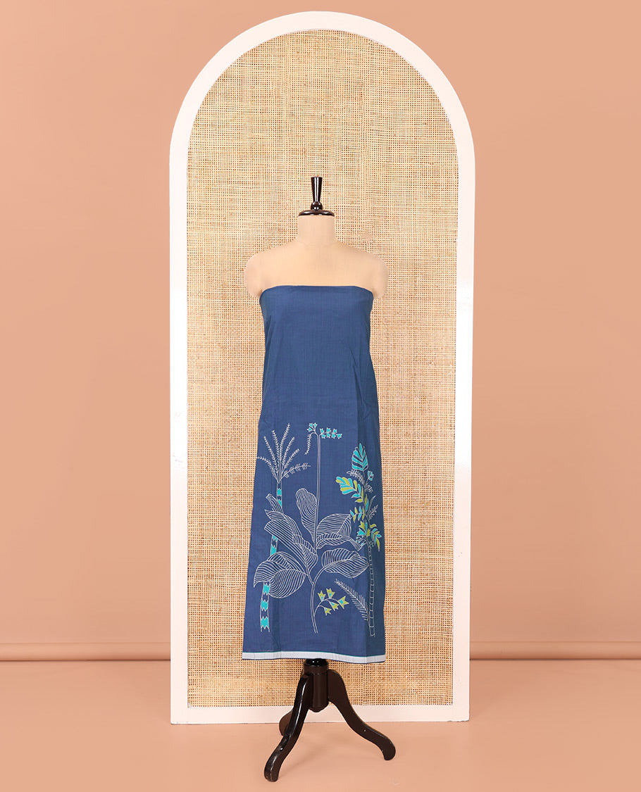 Blue Handloom Cotton Material Chudidar Set, Adorned with Floral Design Print On Its Top, Complemented by Contrast Bottom, and Paired with a Contrast Floral Printed Dupatta