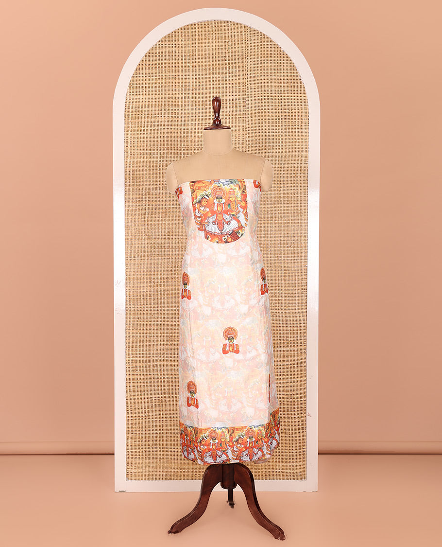 Cream Semi-Silk Material Chudidar, Kerala Kathakali Printed Top, Santoon Bottom, and Printed Dupatta