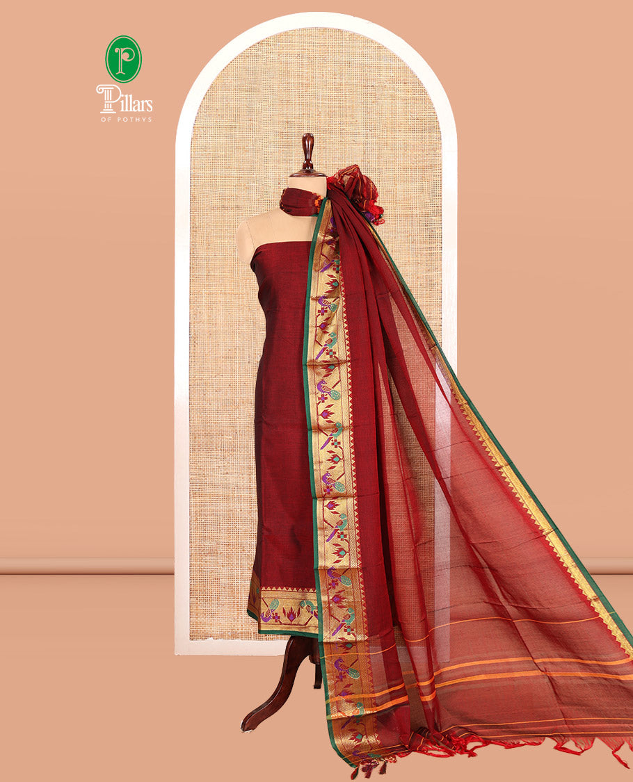 Maroon Mercerised Cotton Material Chudidar Features Plain Top, Contrast Paithani Zari Border, a Plain Bottom and a Matching Dupatta