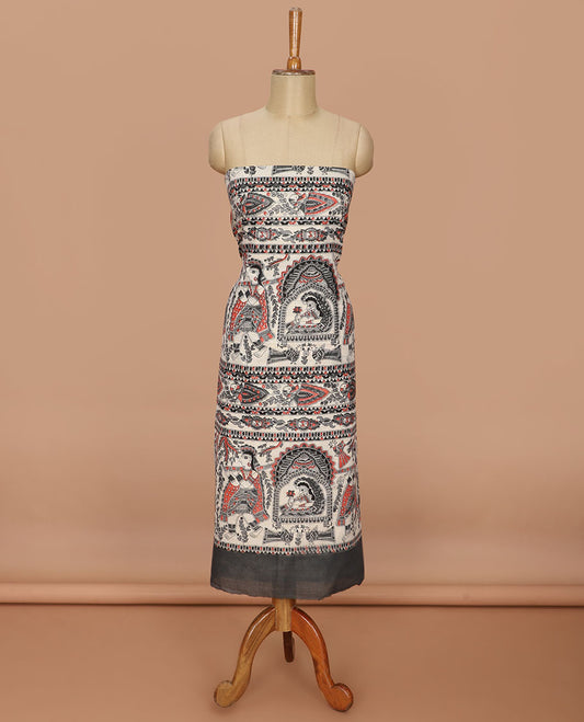 Grey madhubani print design bhagalapur cotton chudidhar material top with cotton material daman madhubani ptint pants & madhubani printed dupatta