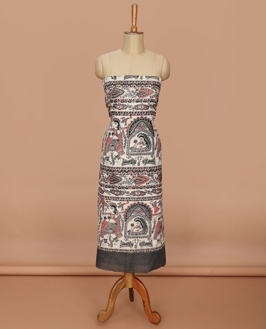 Grey madhubani print design bhagalapur cotton chudidhar material top with cotton material daman madhubani ptint pants & madhubani printed dupatta