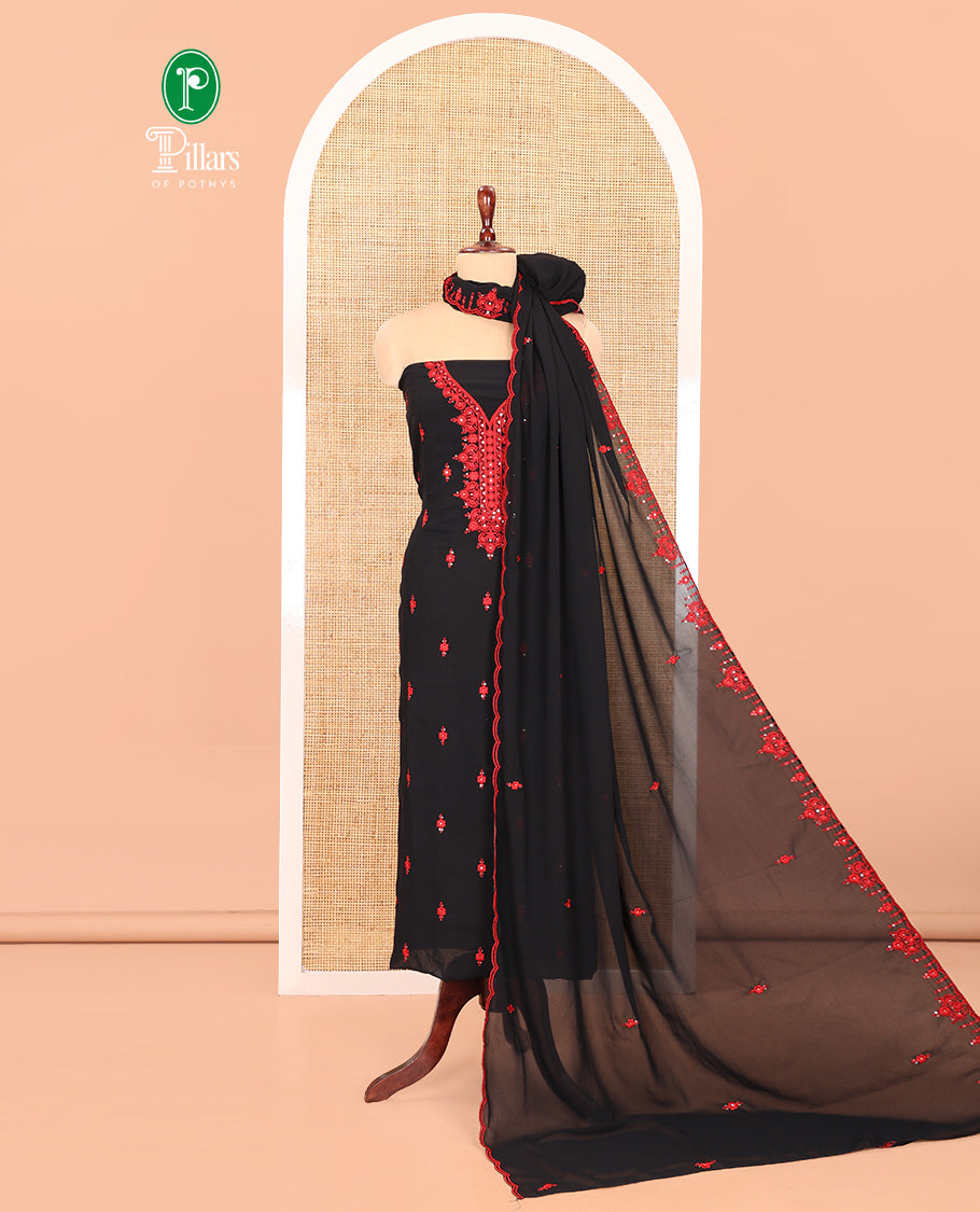 Black-Red Georgette Material Churidar Features Thread Embroidery Top, a Plain Santoon Bottom, a Scallop Embroidered Dupatta