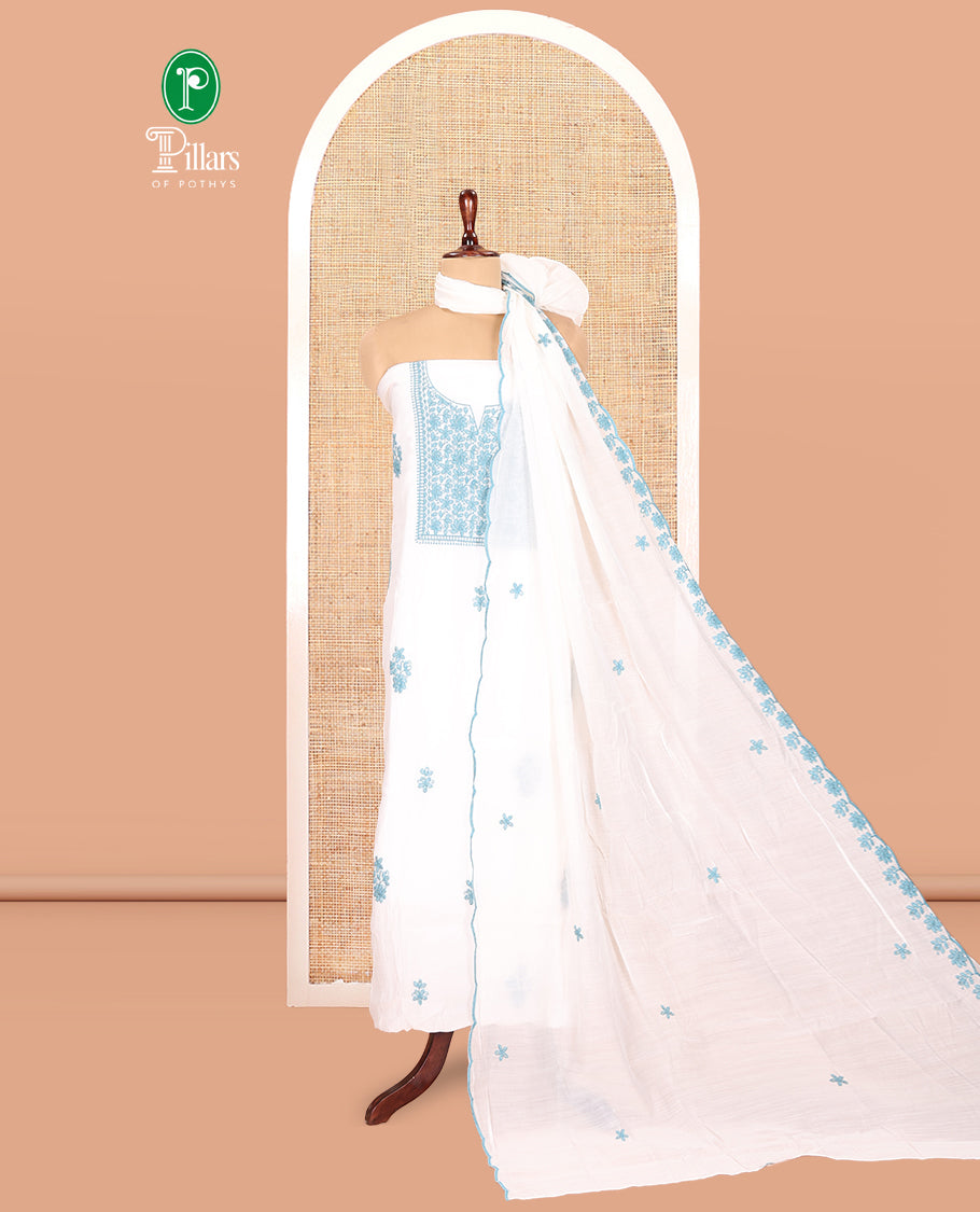 White-Blue Mul Chanderi Material Churidar Features a Floral-Themed Thread-Embroidered Top, a Plain Santoon Bottom, and Thread Embroidered Dupatta
