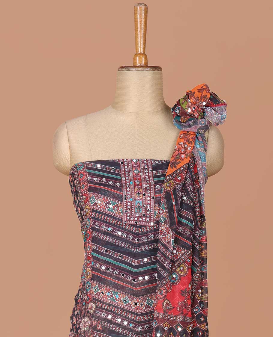 Multi-color georgette digital print, mirror work chudidhar material top with santoon material pant & digital, print mirror work dupatta