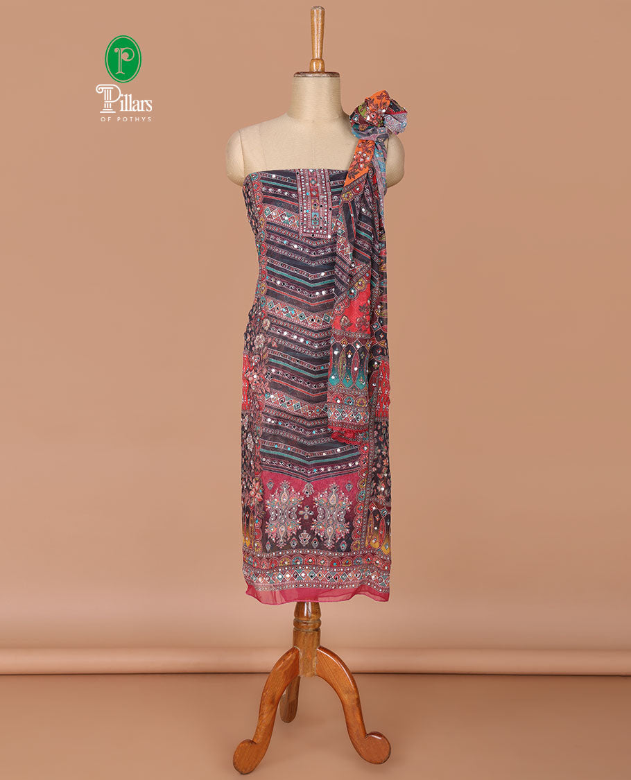Multi-color georgette digital print, mirror work chudidhar material top with santoon material pant & digital, print mirror work dupatta